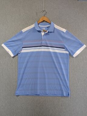 Cutter & Buck Striped Golf Polo Shirt Men's Large Blue White DryTec